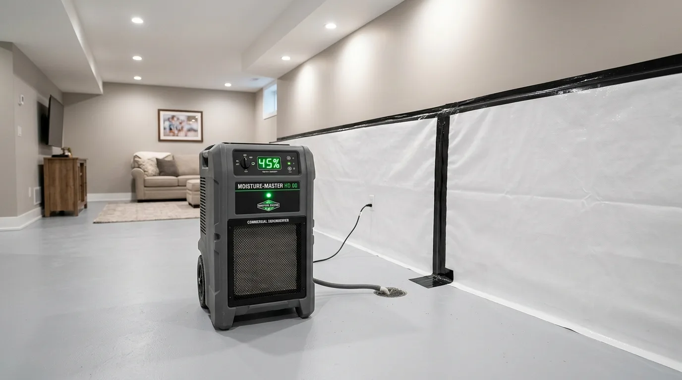 Commercial basement dehumidifier with 45 percent humidity display and foundation vapor barrier