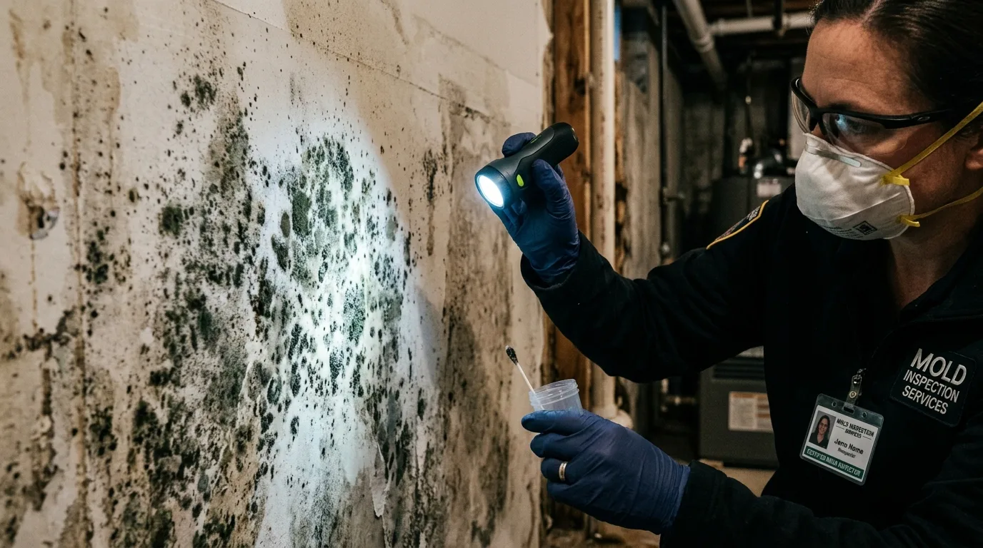 Professional mold inspector testing mold spores on a basement wall