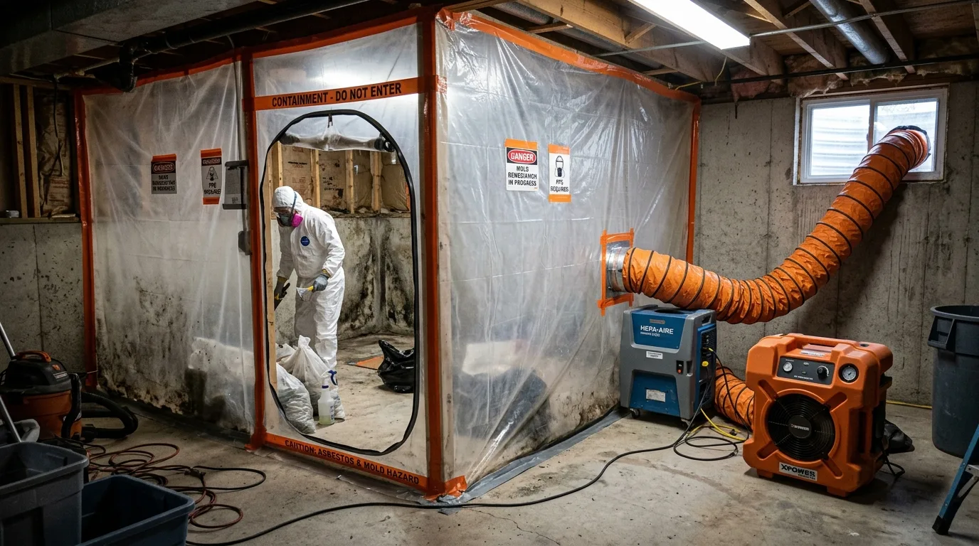 Professional HEPA negative air containment barrier setup in residential basement