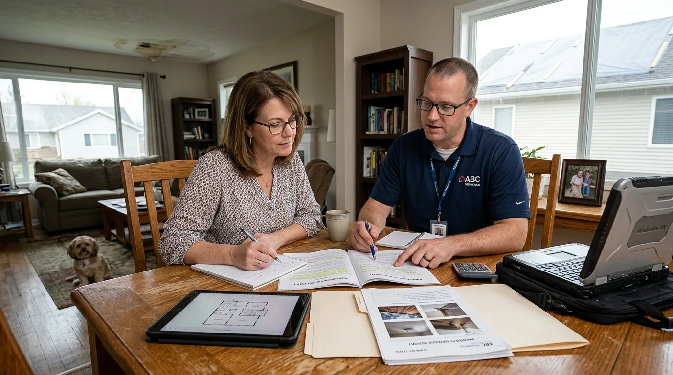 Homeowner and insurance claim adjuster reviewing property damage report in Colorado