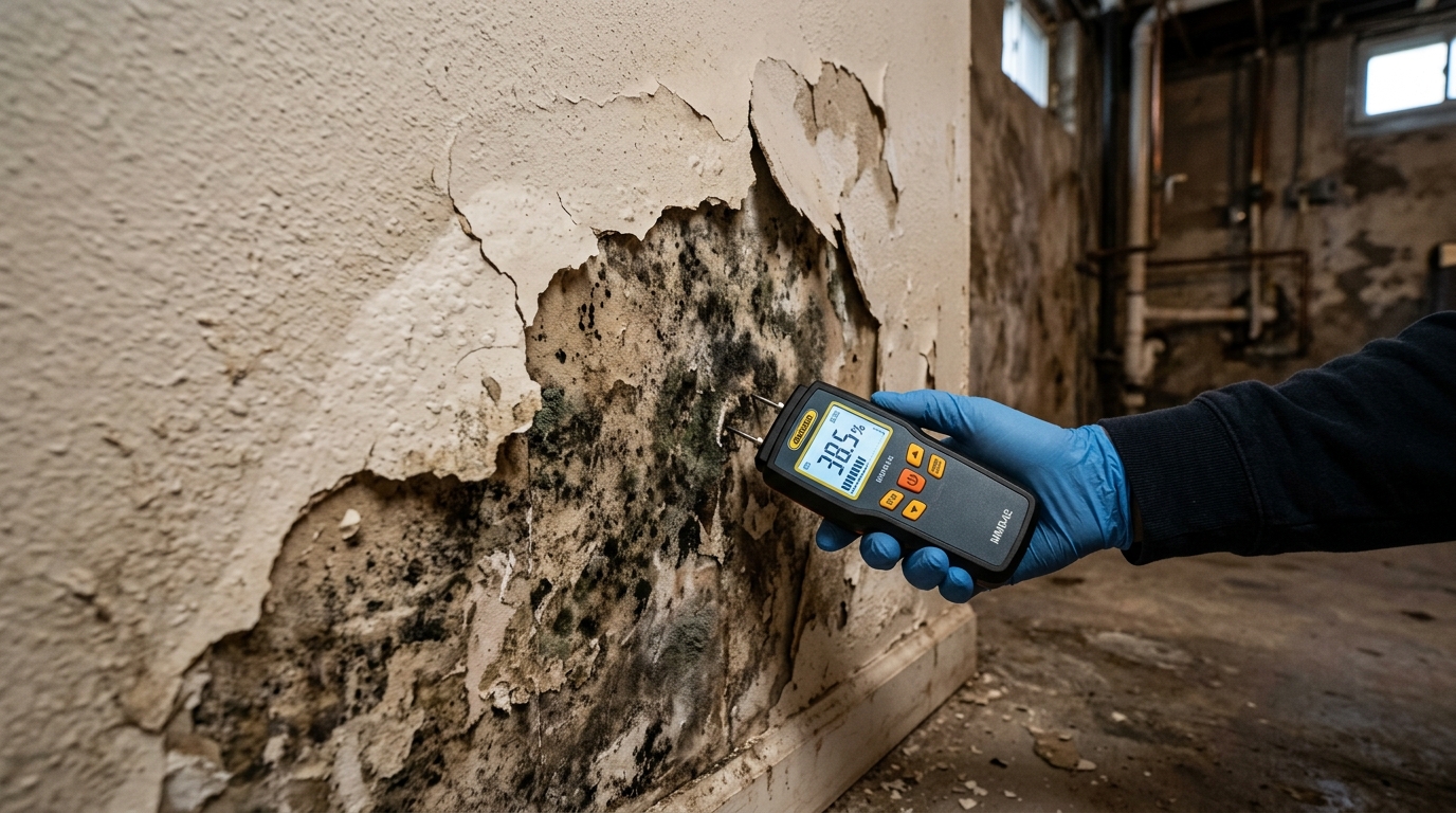 Mold technician using a moisture meter on a damaged basement wall with visible mold growth