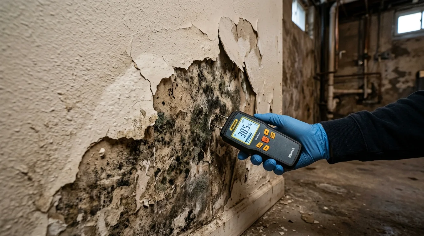 Peeling basement drywall and moisture testing meter detecting hidden mold