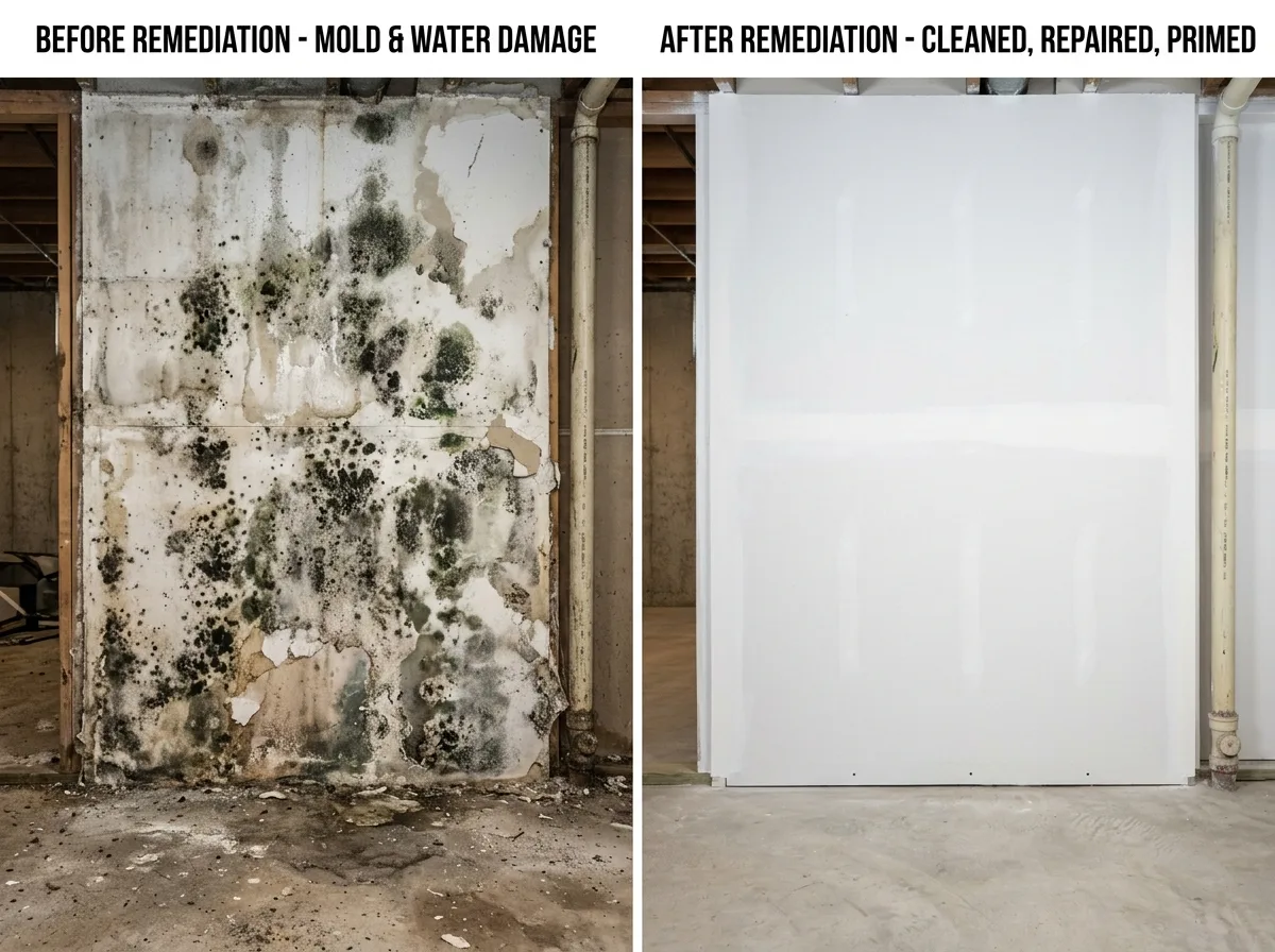 Before and after basement mold remediation showing mold-damaged wall restored to clean condition in Littleton, CO