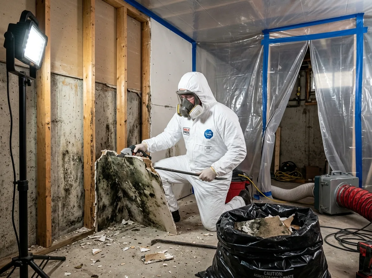Mold remediation technician in protective suit removing mold-contaminated drywall from a Littleton basement during remediation